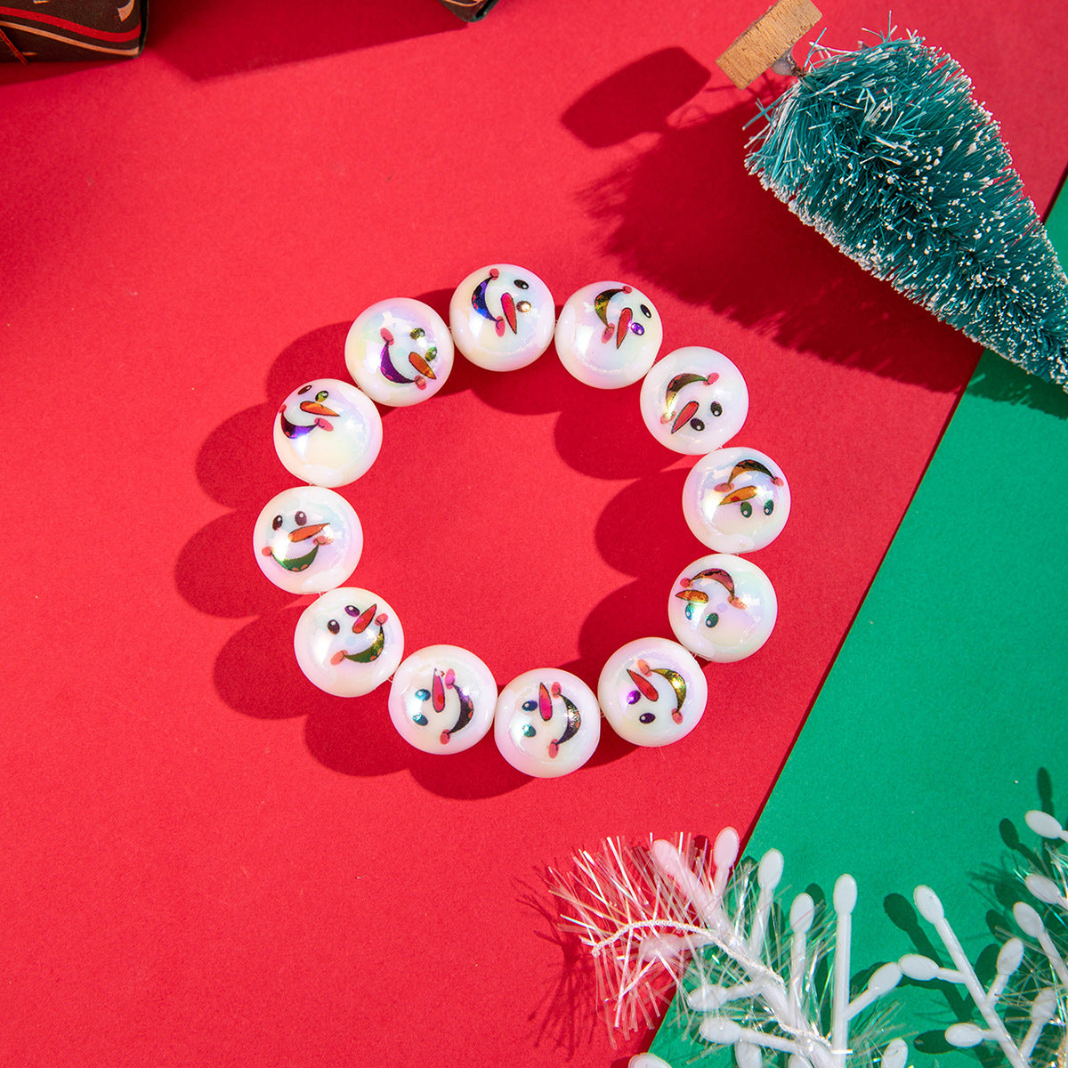 Wholesale Christmas Snowman Bell Print Resin Large Round Bead Elastic Bracelet